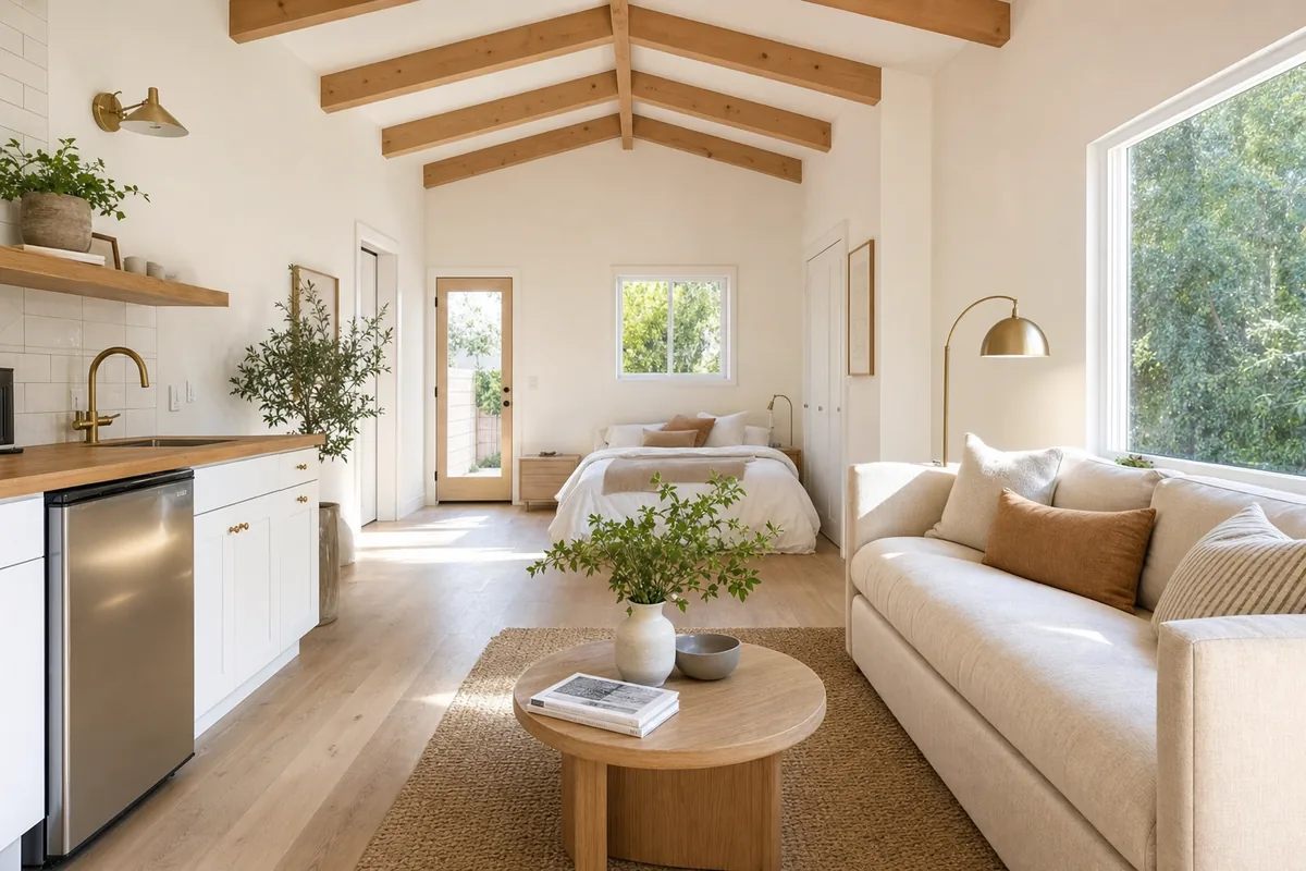 Bright interior of a finished accessory dwelling unit with white kitchenette, vaulted wood-beam ceiling, sofa, and queen bed in a single open studio space.