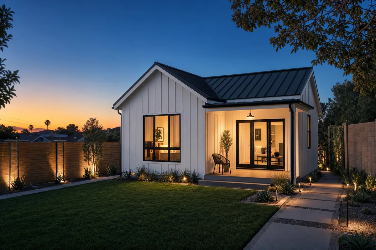 Modern farmhouse style ADU at twilight in a Menifee backyard with white board-and-batten siding, dark metal roof, glowing interior lights, and a covered porch.